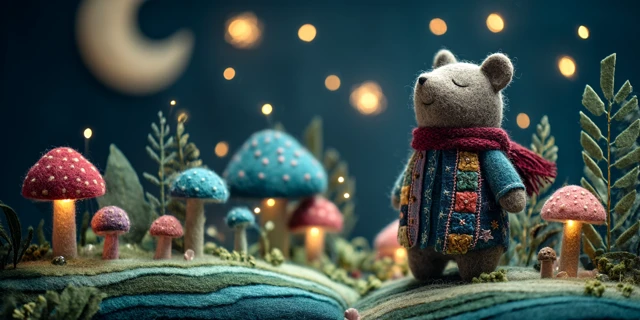 Benny the Felt Bear in a Moonlit Meadow Handmade Art