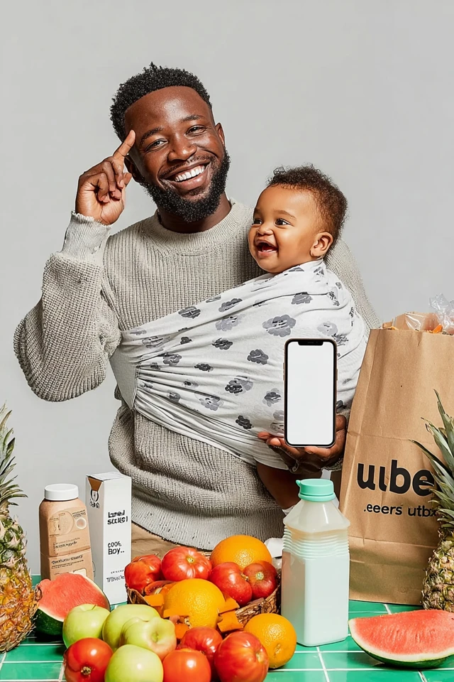 Joyful Dad with Baby Kitchen and iPhone