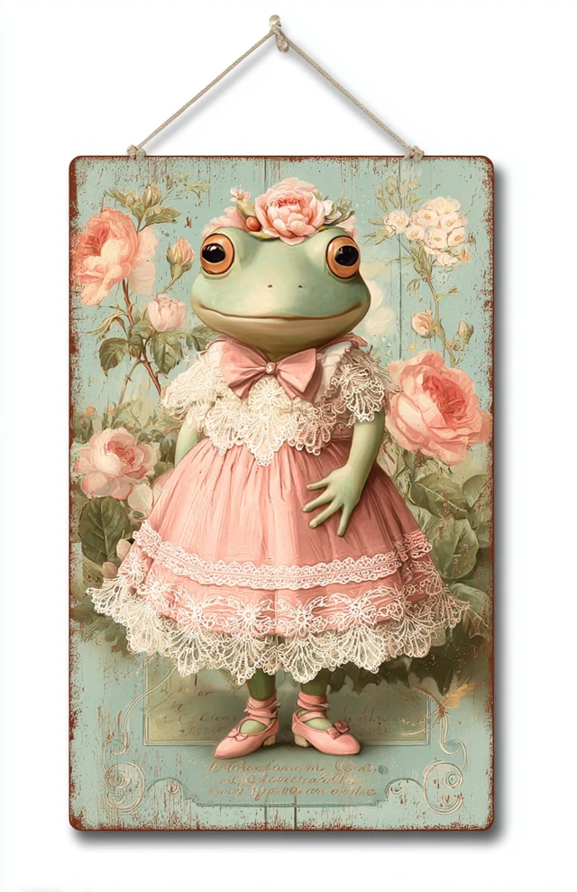 Cute Frog in Pink Dress Vintage Illustration