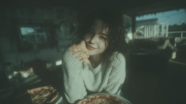 Cozy Pizza Moment Young Woman Smiling