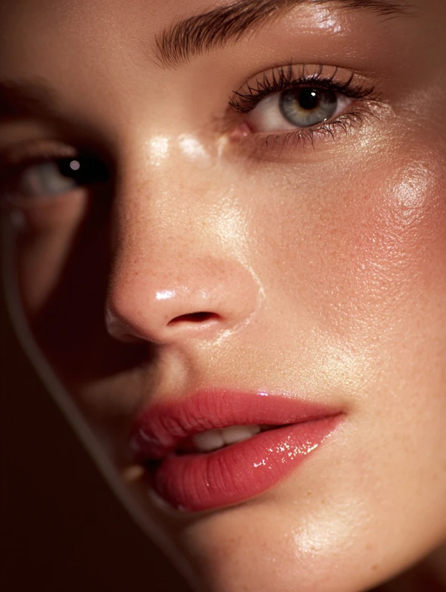 Beauty Editorial Glowing Skin Glossy Lips Makeup