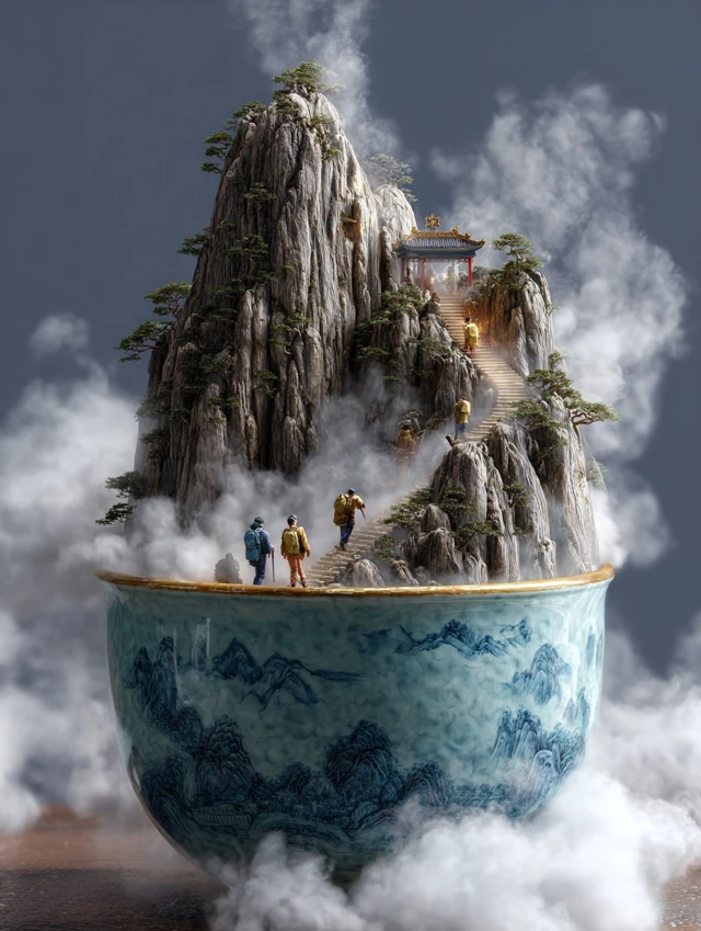 Miniature Mountain Tea Cup Landscape with Golden Light