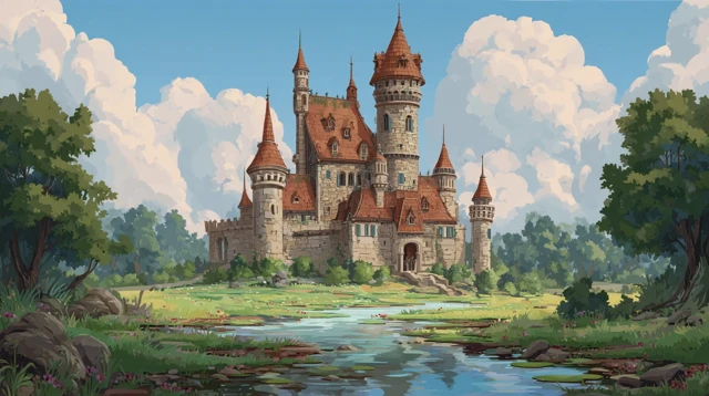 Cartoon Medieval Castle Landscape Outdoors Front View