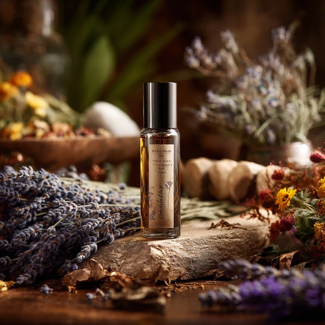 Perfume Bottle with Botanical Background