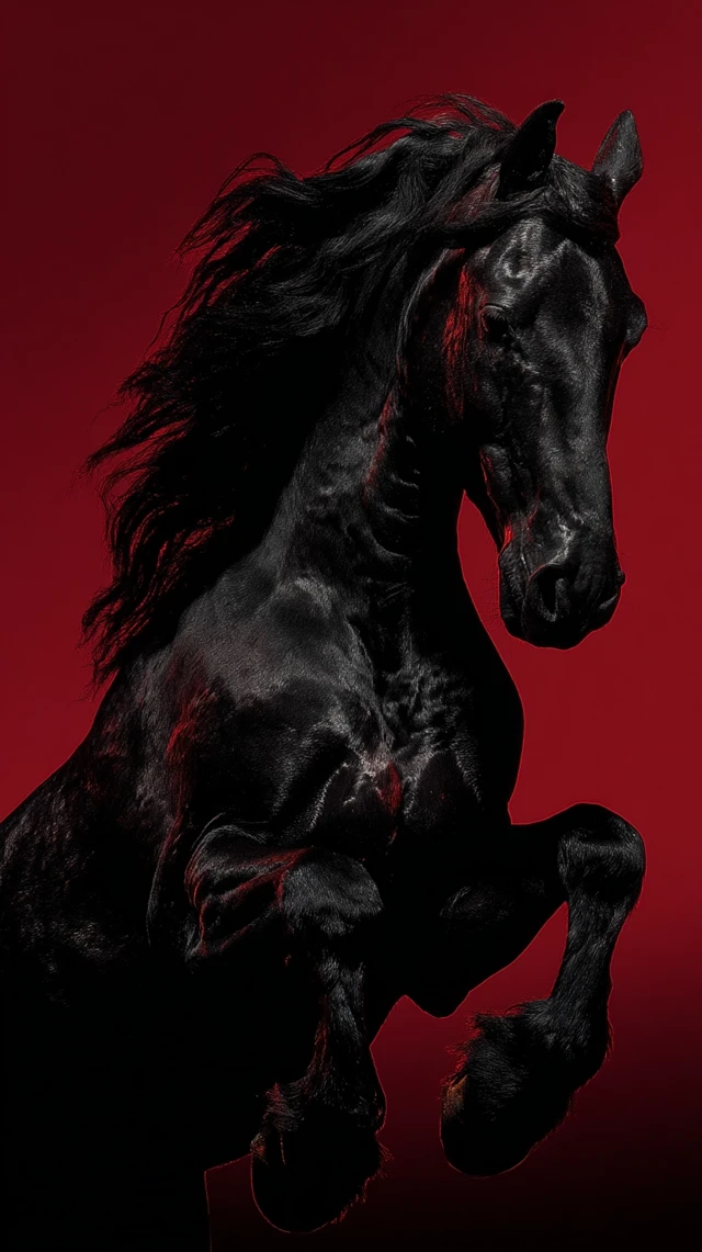 Black Horse Leaping Portrait on Red Background
