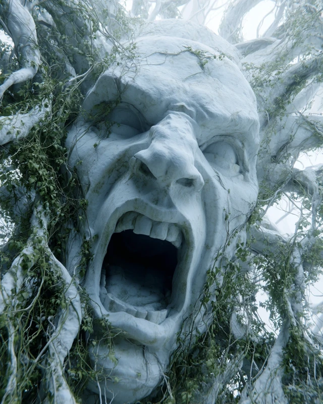 Screaming Statue in Snow Beksinski Style