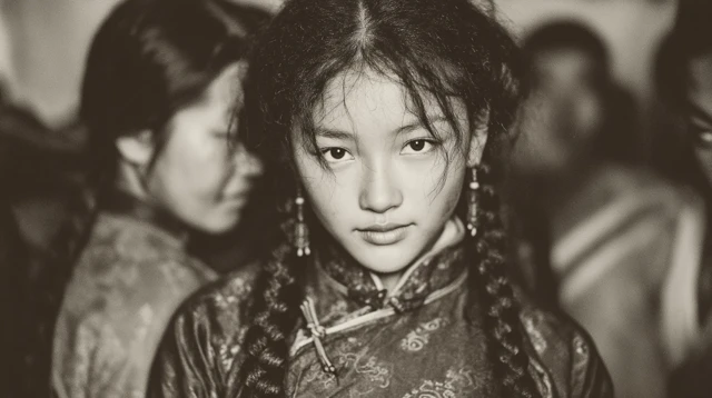 Tibetan Girl Portrait: Black and White, Warm Tones