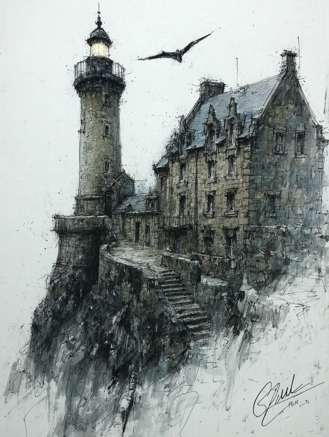 Graphite Sketch Lighthouse on Cliff