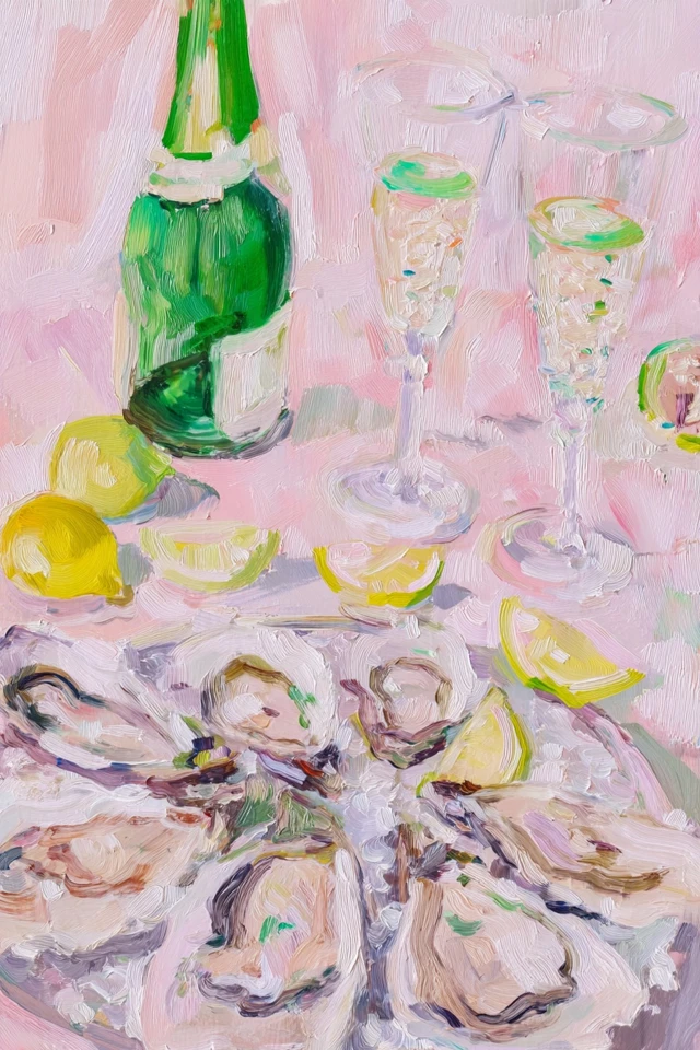 Oysters Champagne Fine Art Painting Coastal Dining