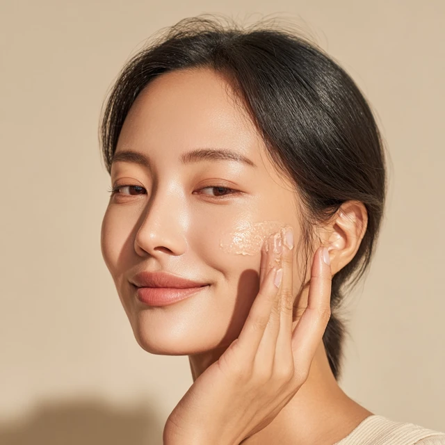 Korean Woman Applying Skincare Cream Fresh Clean Look