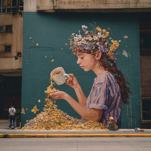 Mural Girl with Flowers and Coffee Cup
