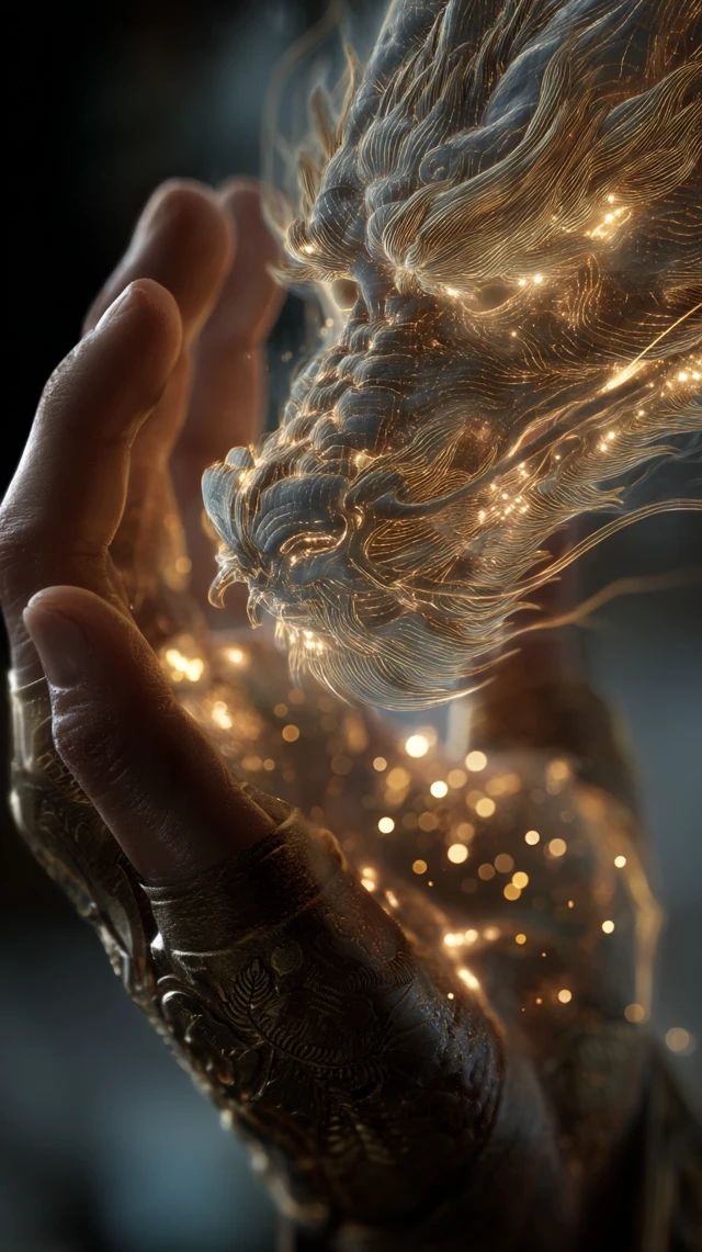 Golden Dragon Head Emerging From Hand Eastern Art