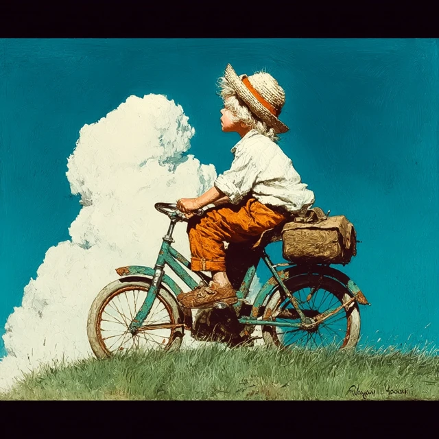 Boy Riding Bike Painting in the Style of Norman Rockwell