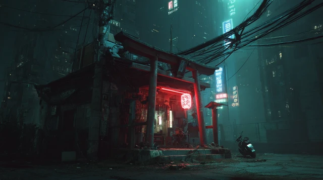 Cyberpunk Shrine Night Scene