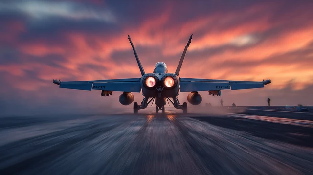 Military Jet Taking Off From Carrier Deck
