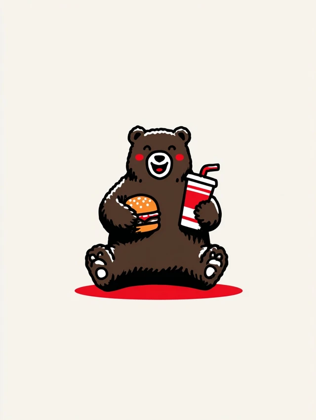 Cute Cartoon Bear with Hamburger and Drink