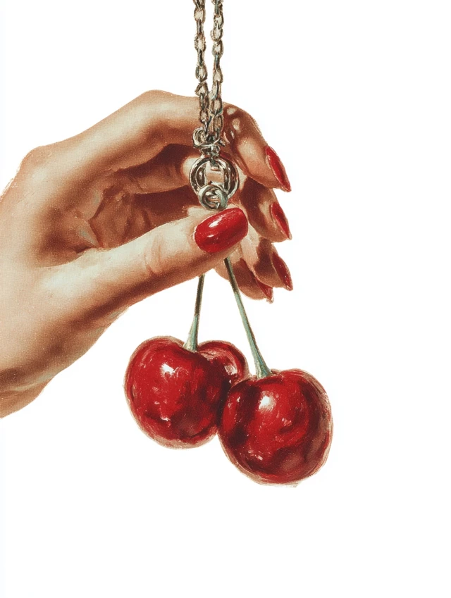 Hand Holding Cherries Pulp Art Illustration