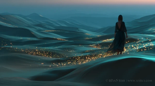 Woman Walking in Dunes with Glowing Sparks at Dusk