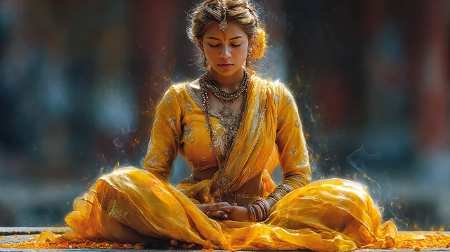 Indian Woman Meditating in Temple: Peaceful Aura