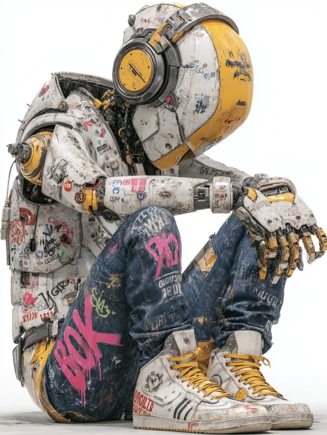 Graffiti Robot Art with Sneaker on White Background