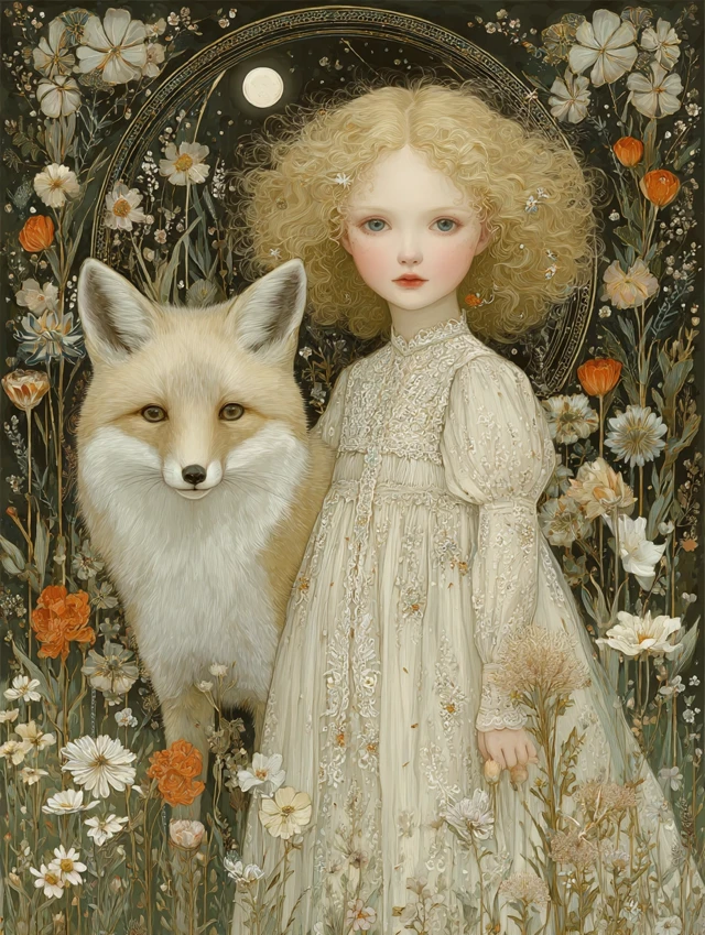 Art Nouveau Girl in Meadow with Fox Moonlight