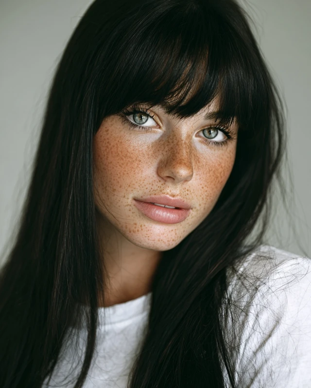 Beautiful Woman Portrait with Green Eyes and Freckles