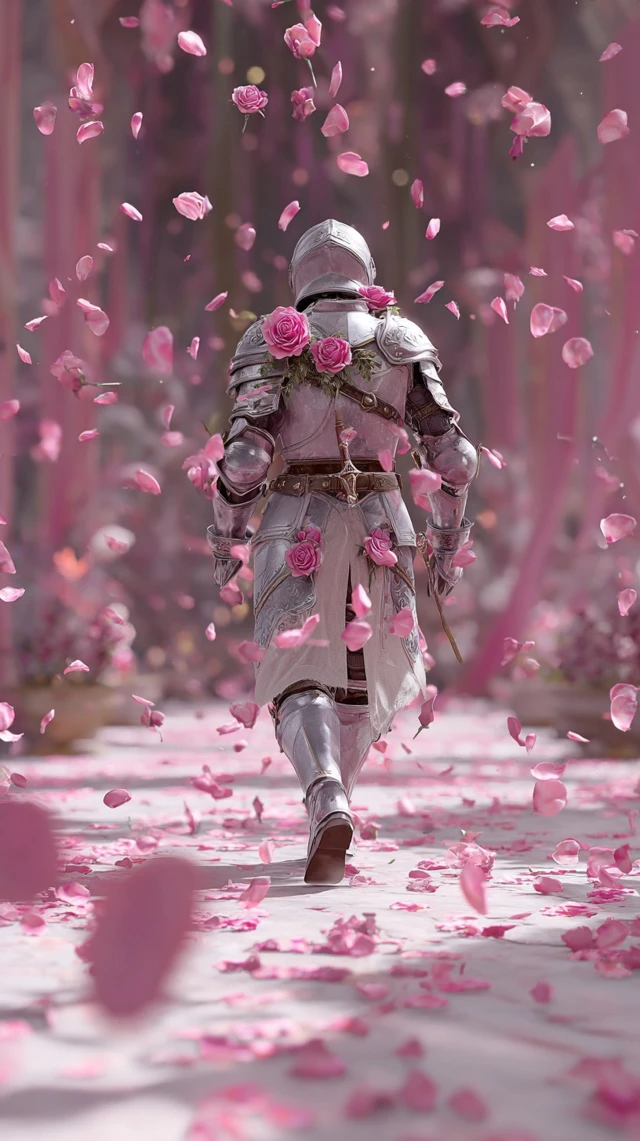 Knight in Armor with Pink Roses Fantasy Art