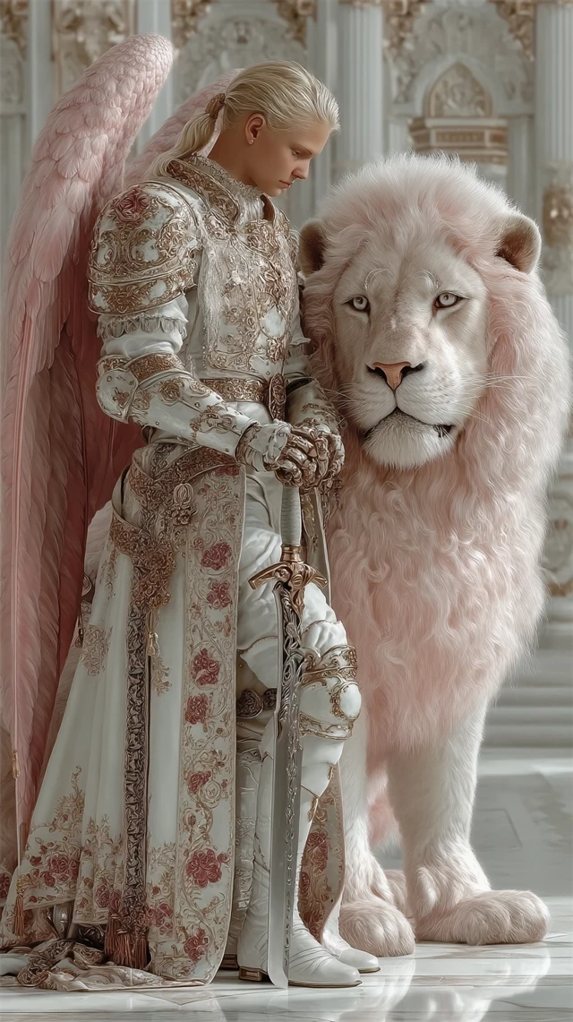 Angel Knight with Pink Wings and Lion