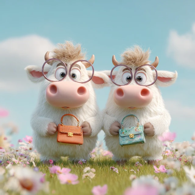Cute Cow Couple in Meadow Pixar Style 3D Animation