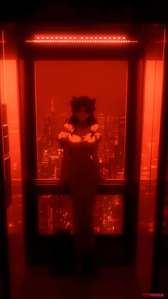 Anime Girl in Red Elevator at Night