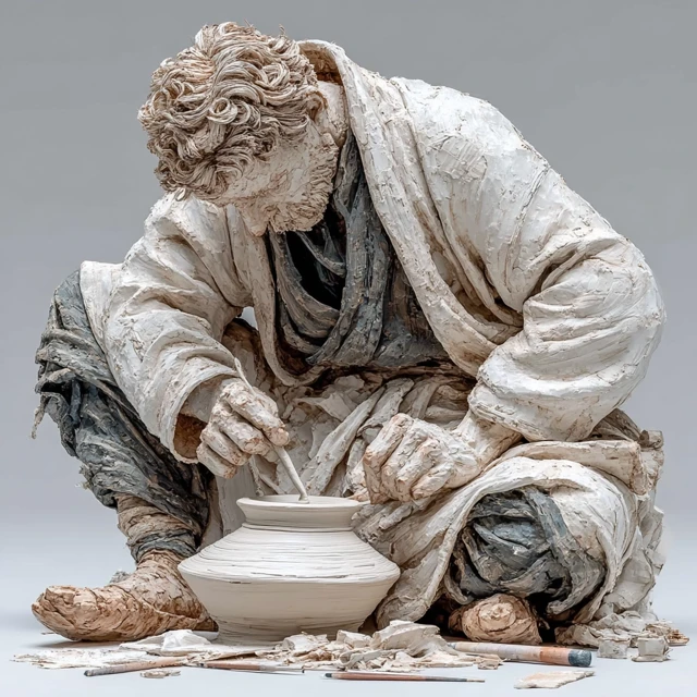 Monochromatic White Sculpture of a Potter