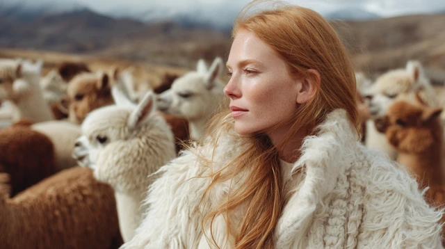 Woman in Llama Fur Coat in Andes Mountains