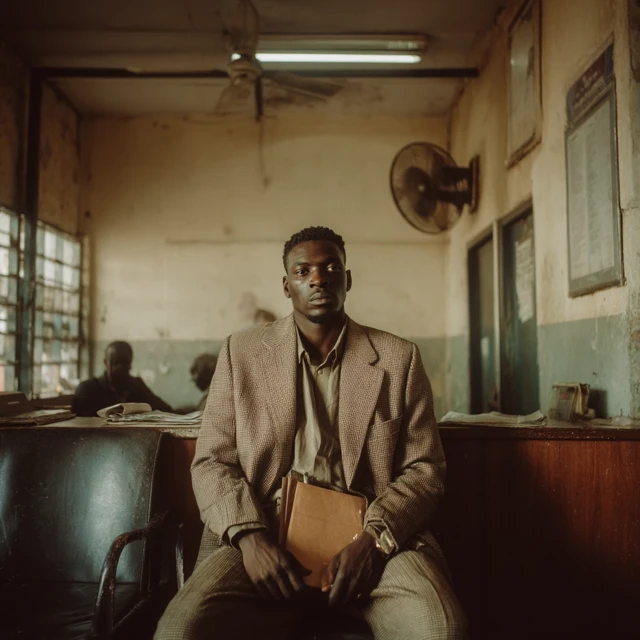 Nigerian Man in Dusty Lagos Office Waiting Room