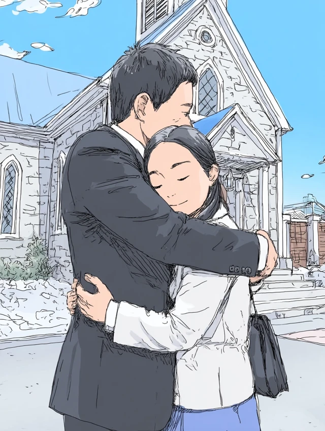 Man and Woman Embracing Church Backdrop