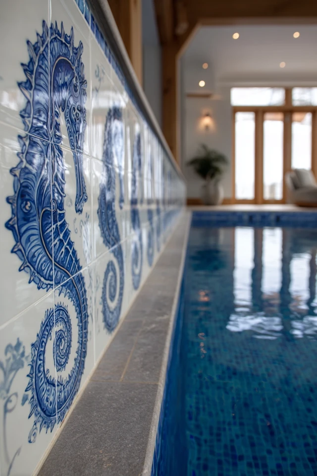 Luxury Pool Design Seahorse Tile Backsplash