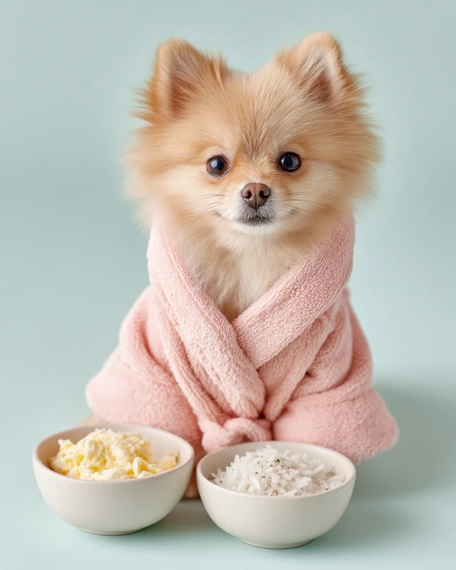 Fluffy Pomeranian in Robe with Food Bowls: Cute Stock Photo
