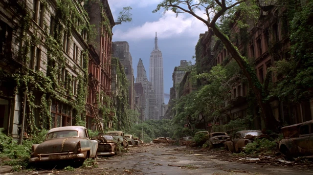 Abandoned City Overrun By Nature Retro Scene
