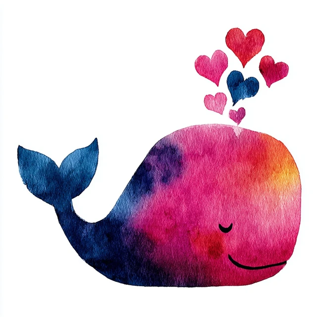 Cute Watercolor Whale Blowing Hearts Illustration