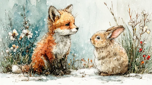 Fox and Rabbit Playtime Watercolor Illustration