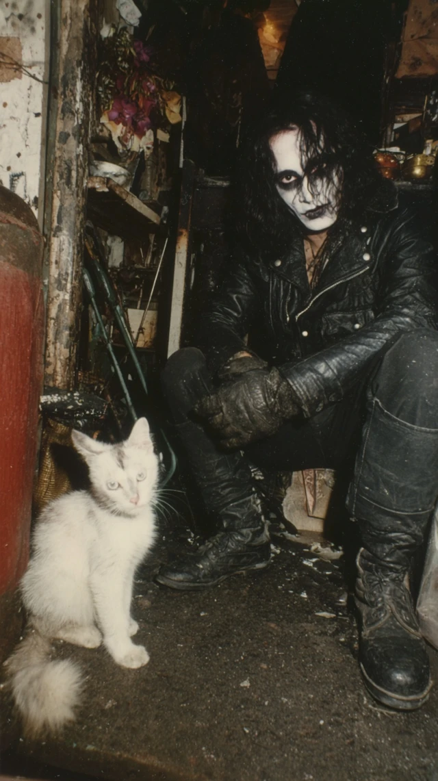 Gothic Man in Leather Jacket with Cat 1983 Polaroid