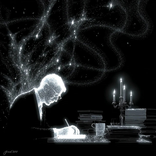 Candlelit Cafe Writer Jazz Notes Illustration