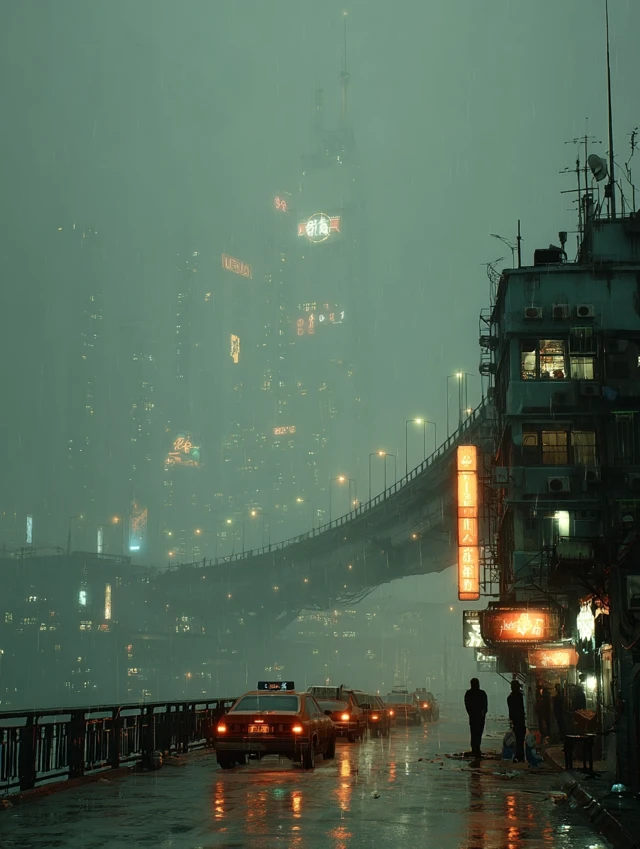 Cyberpunk City Under Overcast Sky