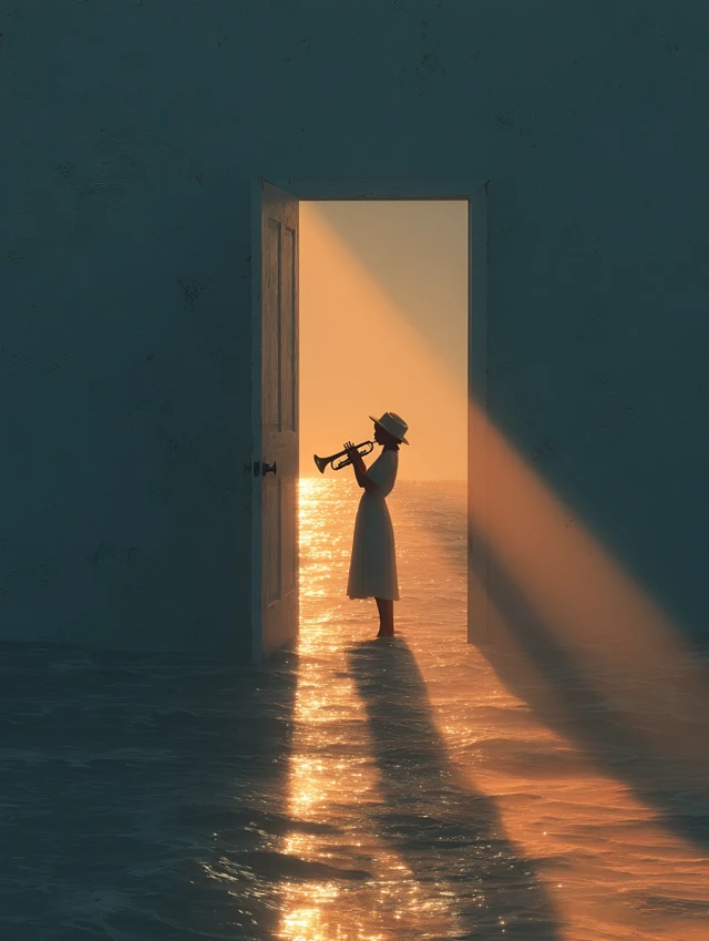 Woman Plays Trumpet at Open Door in Golden Light