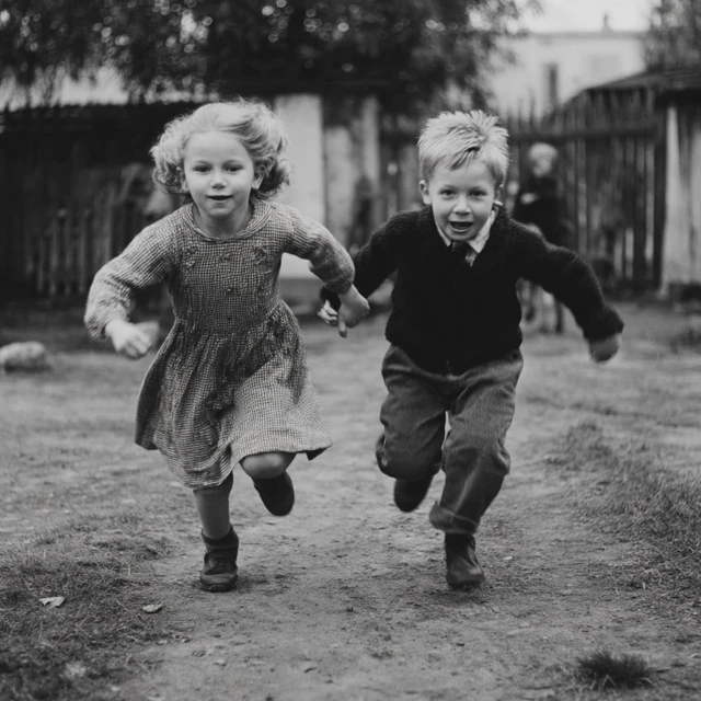 Children Playing Black and White Photo