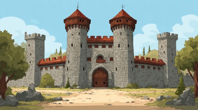 Cartoon Medieval Castle Landscape Outdoors Front View