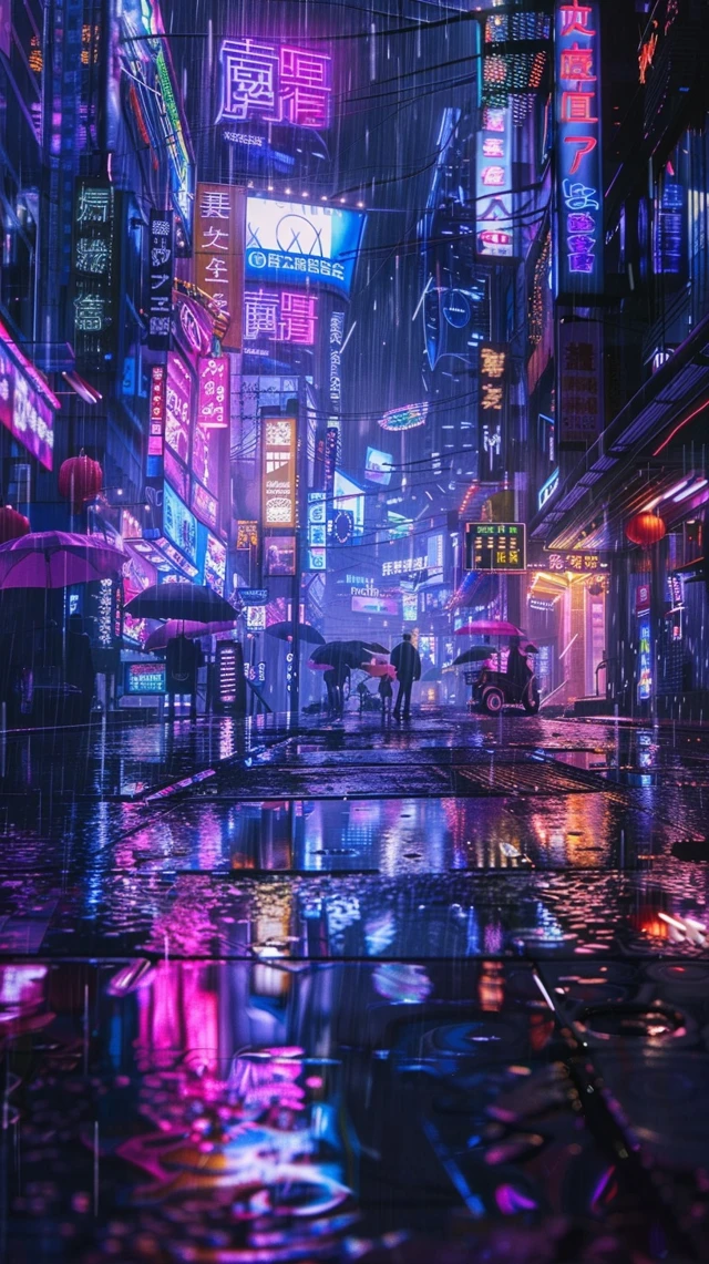 Cyberpunk Cityscape Rain Neon Lights Reflections