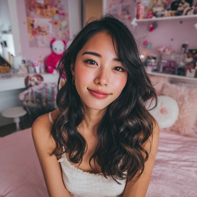 Smiling Japanese Woman Beauty in Her Room