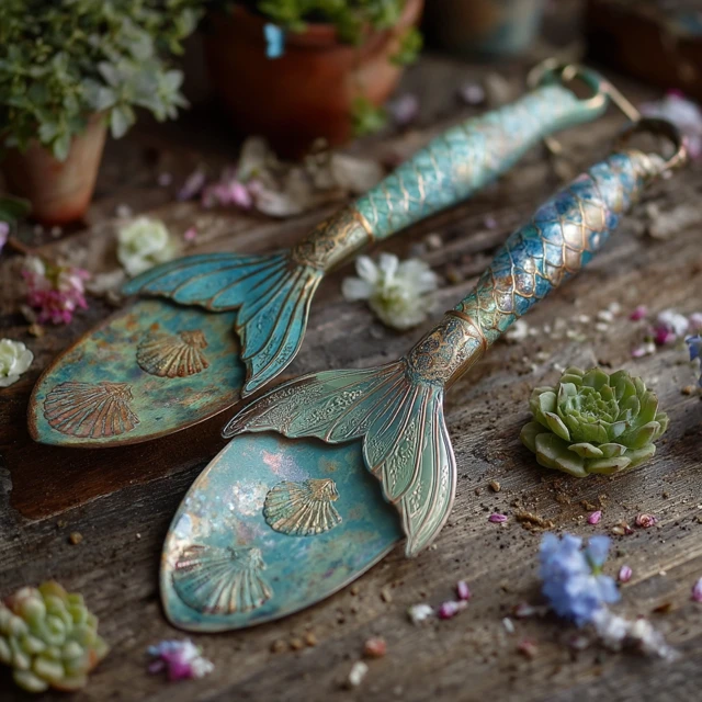 Mermaid Garden Tool Set Handcrafted Shovel and Fork