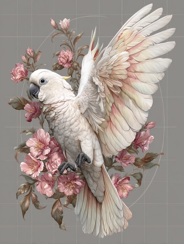 Hyper Realistic Cockatoo with Flowers Illustration