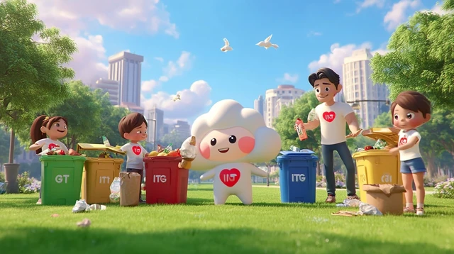 Kids and Adult Recycle in Park with Cartoon Character